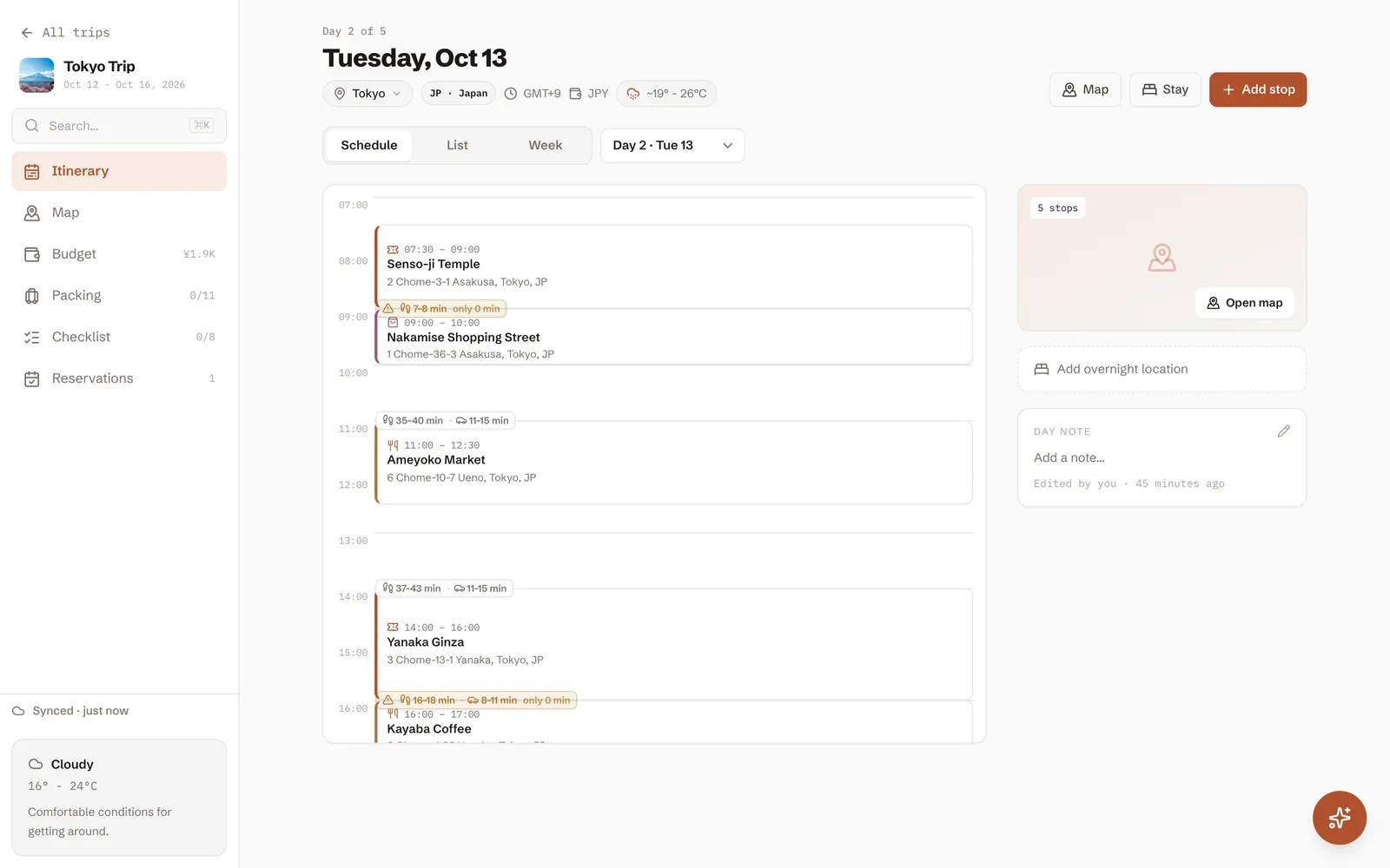 A day in DimTrip's schedule view: stops laid out hour by hour with their start and end times