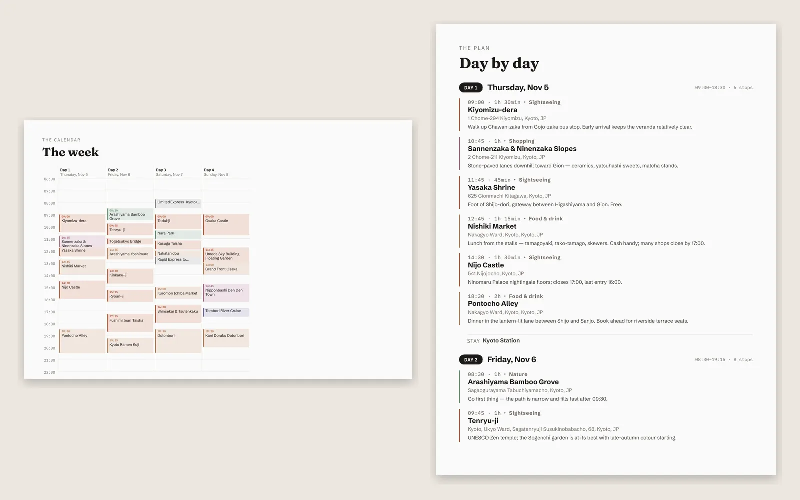 Pages of a DimTrip PDF export: a day-by-day list and a week at a glance