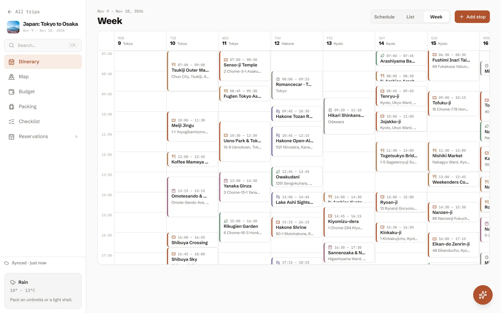 The finished trip in DimTrip's week view: Tokyo, Hakone and Kyoto days with a start time on every stop