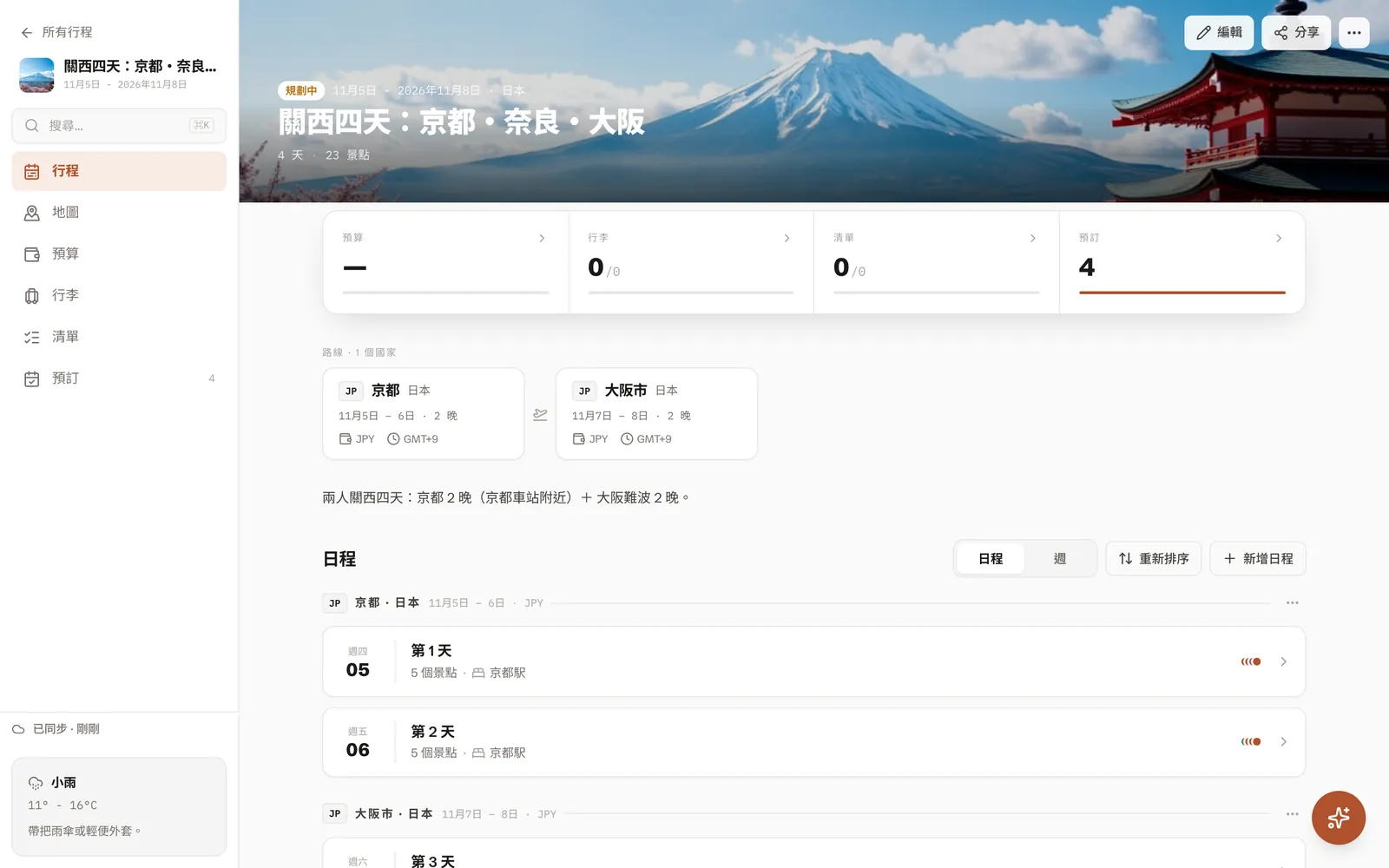 DimTrip 裡的關西四天行程:京都兩晚、大阪兩晚,每一天都標著當晚的住宿