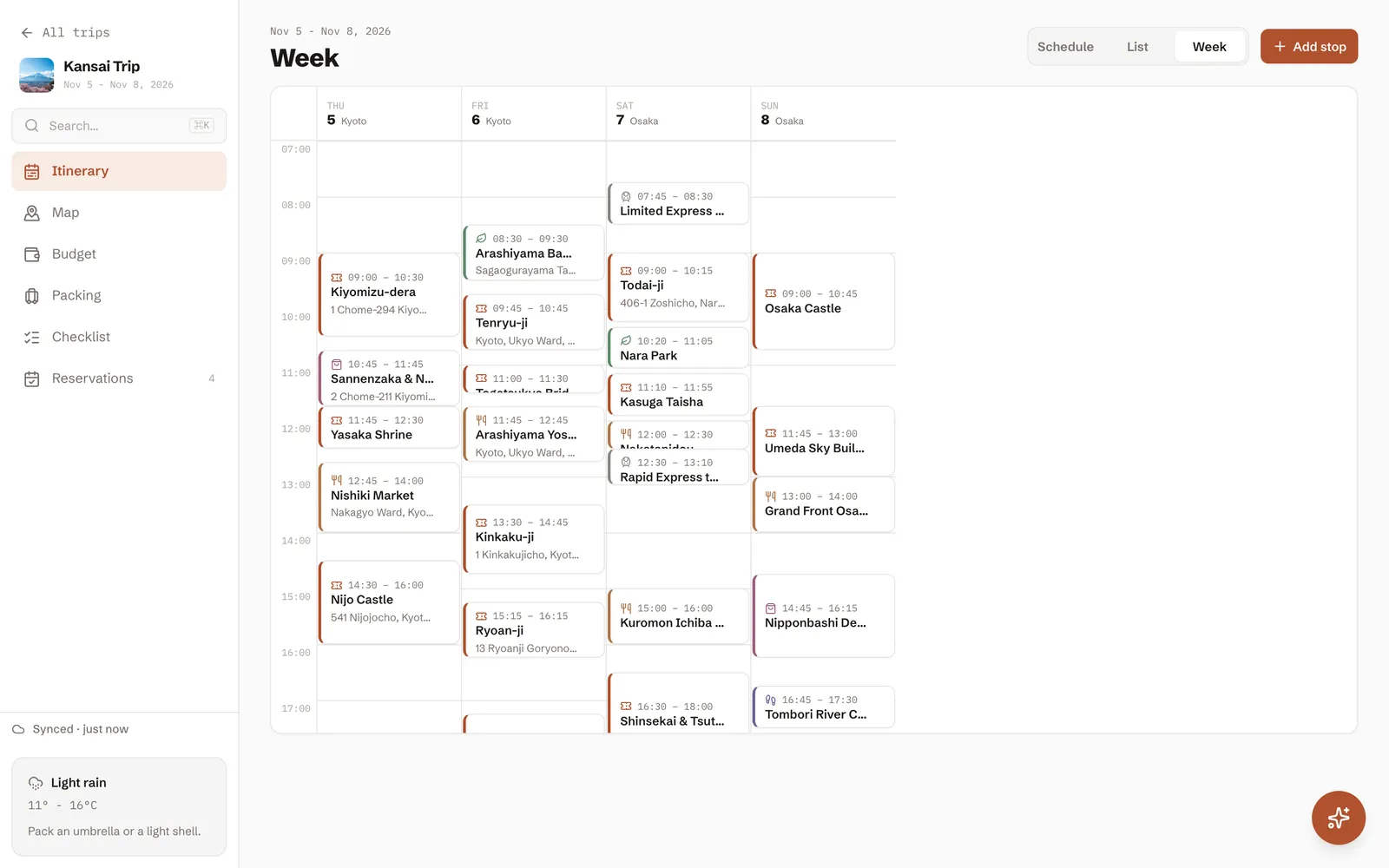 The same four days in DimTrip's week view