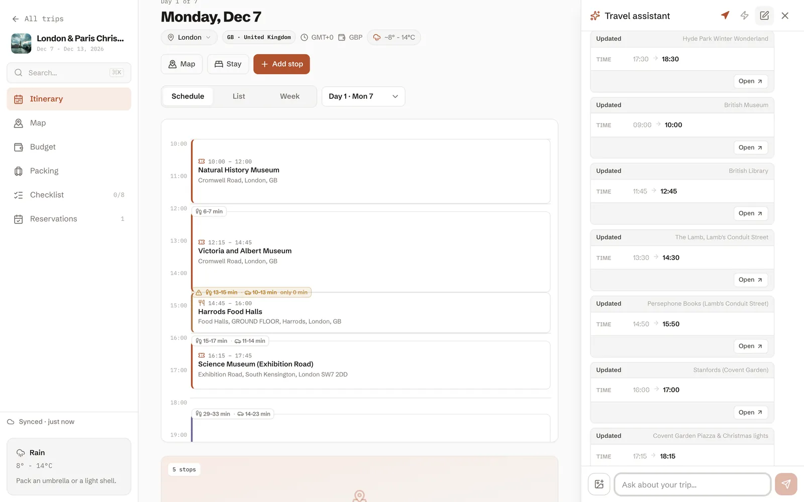 The assistant's list of updated start times after moving the two museums to 10:00