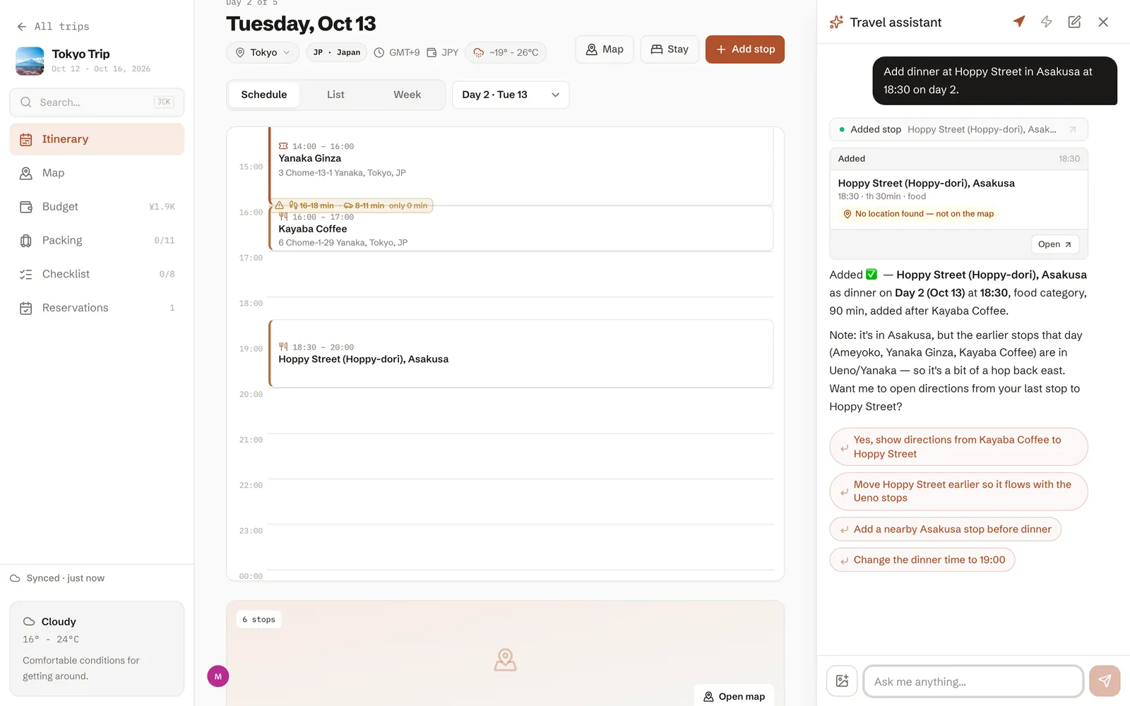 The trip owner asks the assistant to add a dinner stop, while a friend's avatar shows they are on the same page