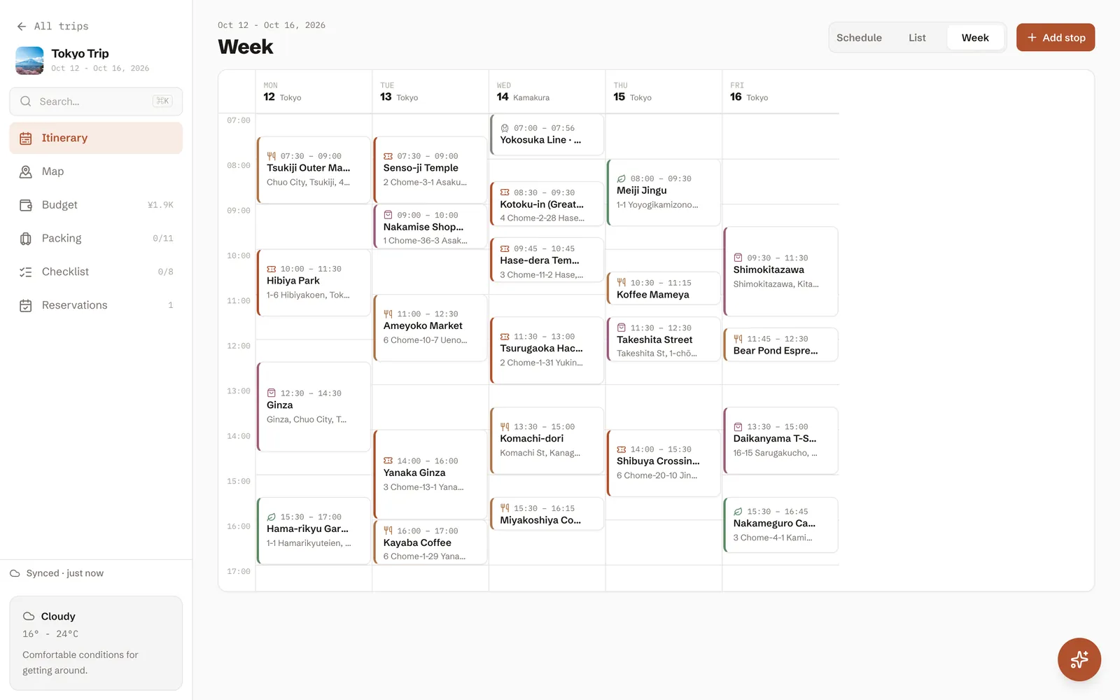 The finished five days in DimTrip's week view, every stop with a start time